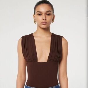 The Line by K Brown Deep V Pleated-Shoulder Bodysuit